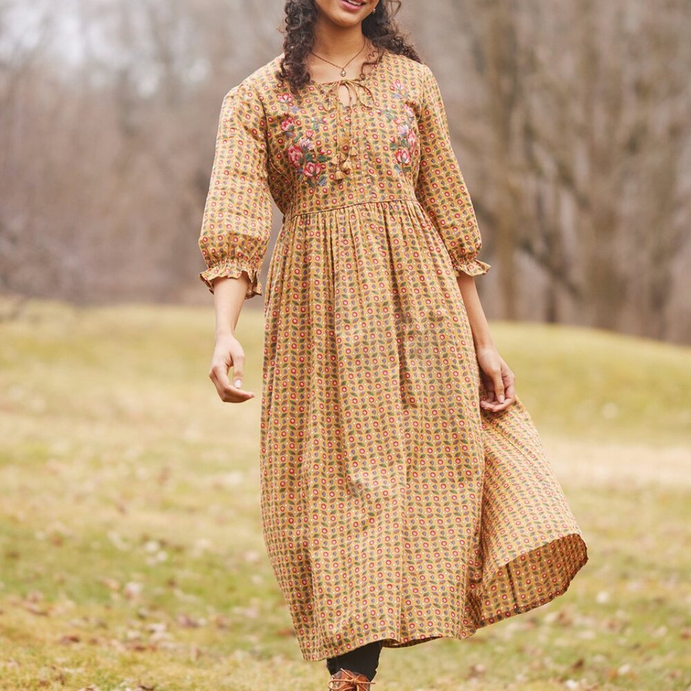 April Cornell Safflower Embroidered Maxi Dress Pockets Prairie Cottage - XXS
